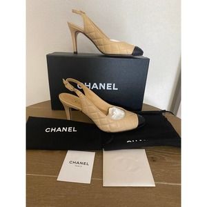 Chanel size 37 slingback pumps beige with black